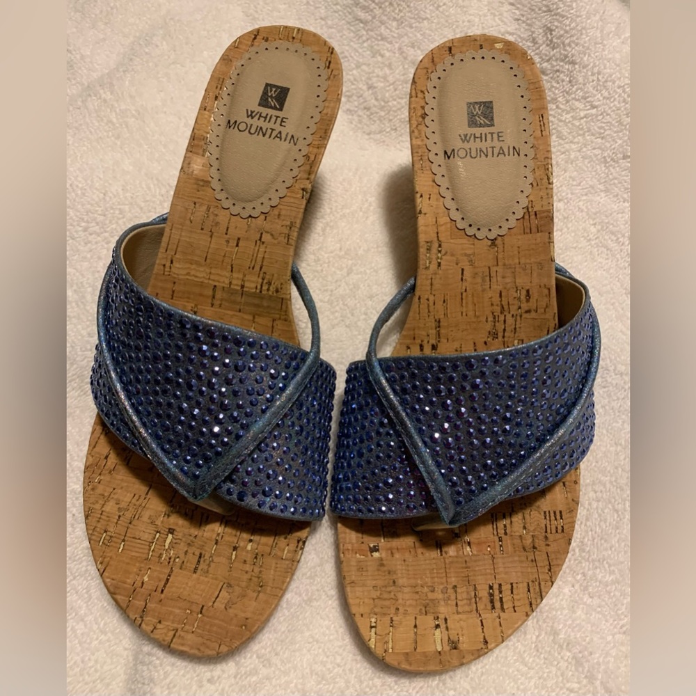 #S513 - White Mountain Blue Glitter & Cork Wrapped Thong Wedge Sandals SIZE 7.5M - Picture 2 of 16
